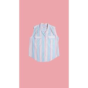 1970s-1980s HUNTERS GLEN White RAINBOW Striped Button Up Tank Top W/Pockets. L